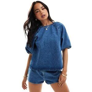 NWT ASOS DESIGN denim raglan puff sleeve top in mid blue